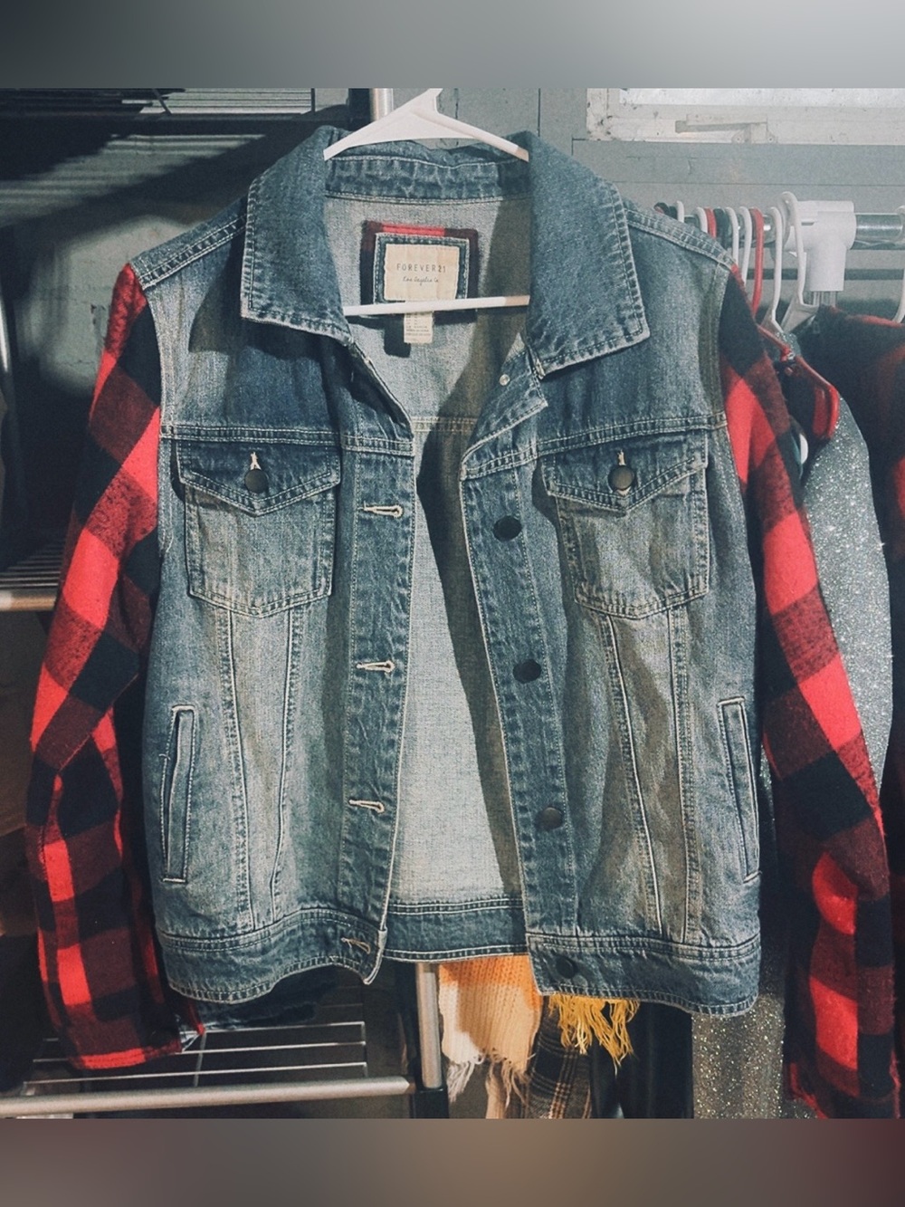 Denim Jacket with Red Buffalo Plaid Sleeves